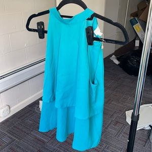 Turquoise high neck layered satin top